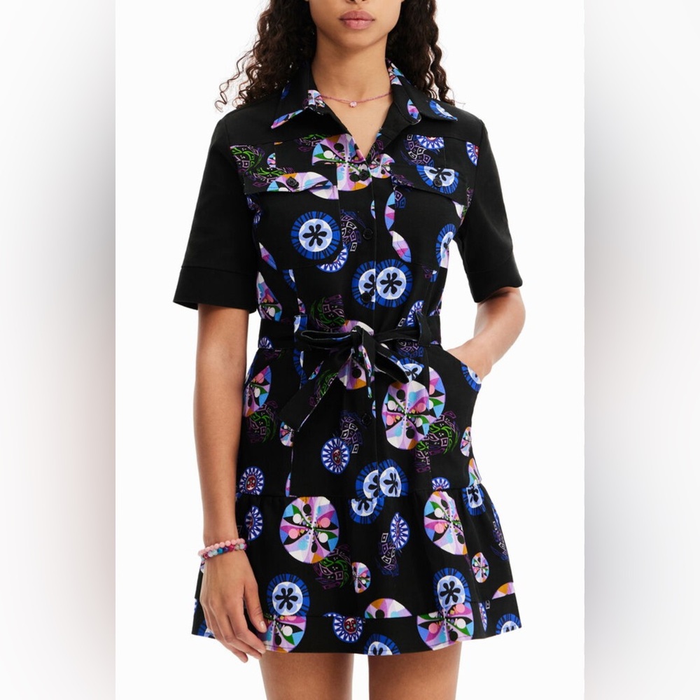 Desigual Black and Blue Patterned Mini Dress